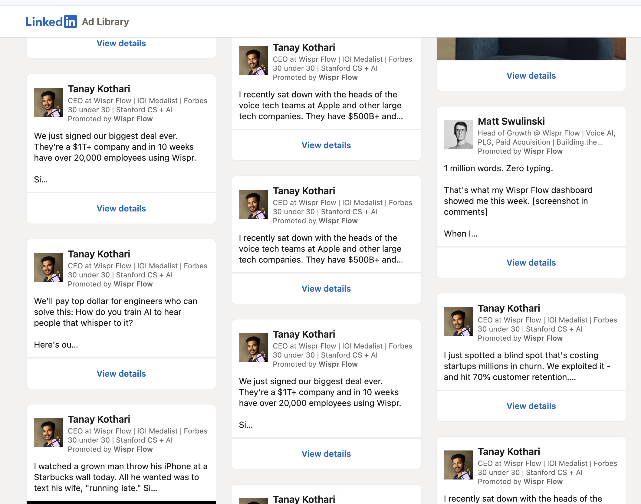 Wispr Flow LinkedIn ads: promoted posts from CEO Tanay Kothari and Head of Growth Matt Swulinski
